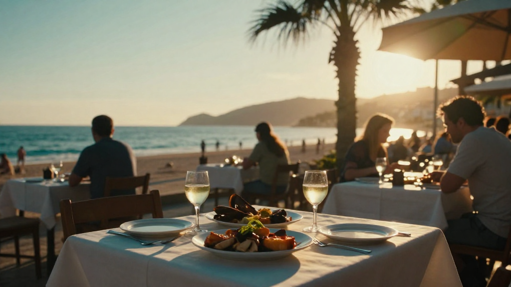 Sunset dining on Armação de Pêra promenade, Algarve seafood with ocean views.