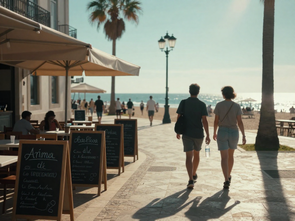 An easy walk to restaurants along the beachfront promenade—bring water in summer.